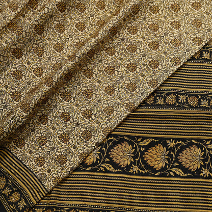 Indian Vintage Black & Beige Saree Pure Silk Block Printed Sari Craft Fabric 6yd Sewing DressMaking Soft Floral Quilting Crafting Upcycle