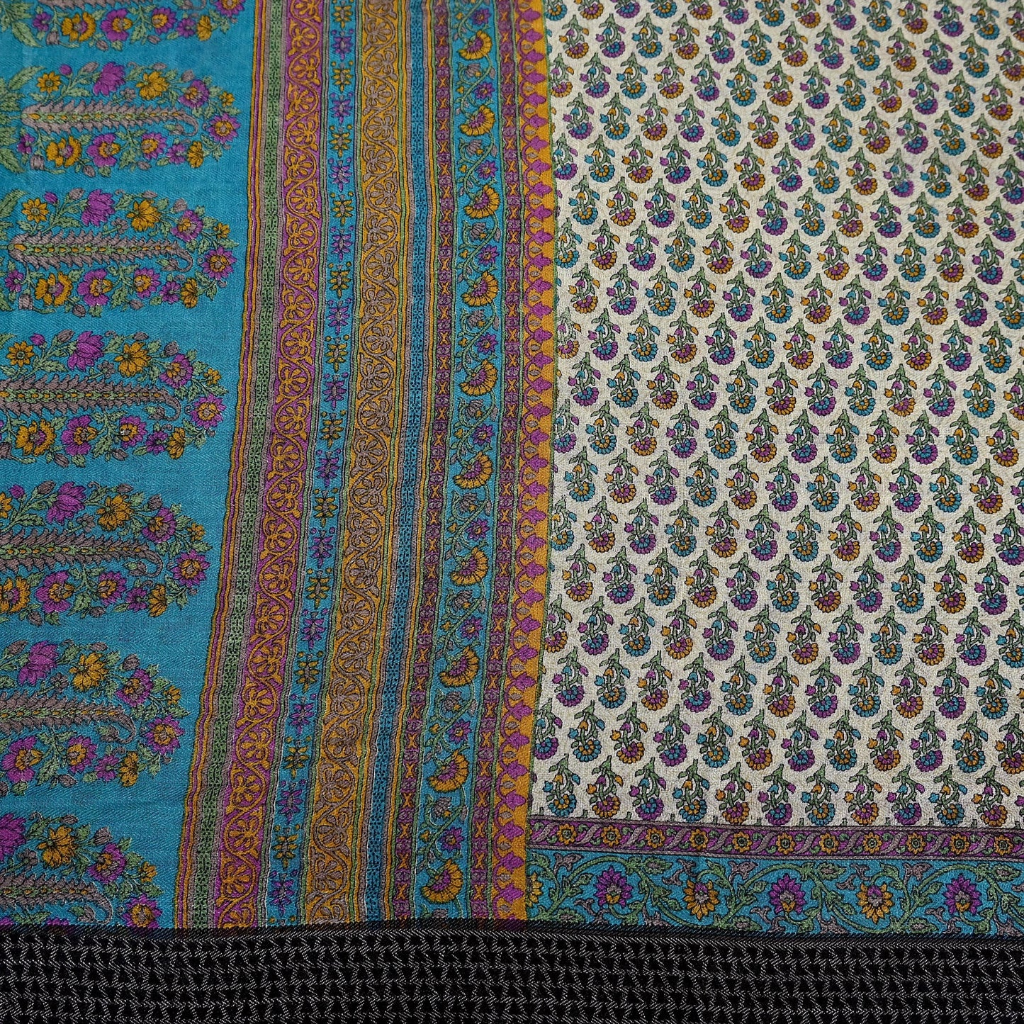 Indian Vintage Sari Blue & Beige Pure Woolen Woven Printed Sarees Soft Warm Craft Fabric 5Yd Floral Dress making Crafting For Winter Soft