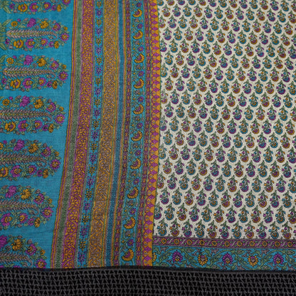 Indian Vintage Sari Blue & Beige Pure Woolen Woven Printed Sarees Soft Warm Craft Fabric 5Yd Floral Dress making Crafting For Winter Soft