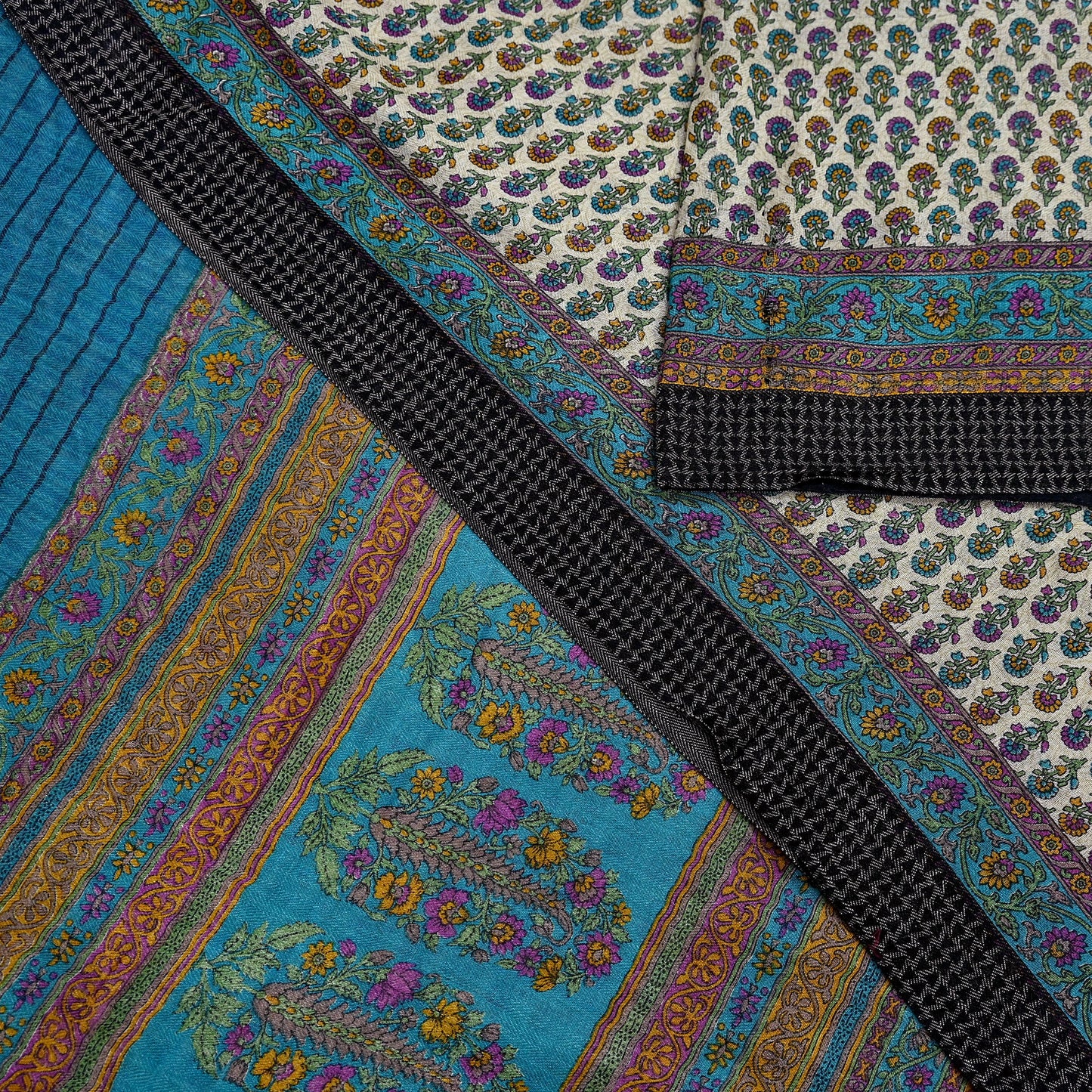 Indian Vintage Sari Blue & Beige Pure Woolen Woven Printed Sarees Soft Warm Craft Fabric 5Yd Floral Dress making Crafting For Winter Soft