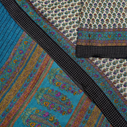 Indian Vintage Sari Blue & Beige Pure Woolen Woven Printed Sarees Soft Warm Craft Fabric 5Yd Floral Dress making Crafting For Winter Soft