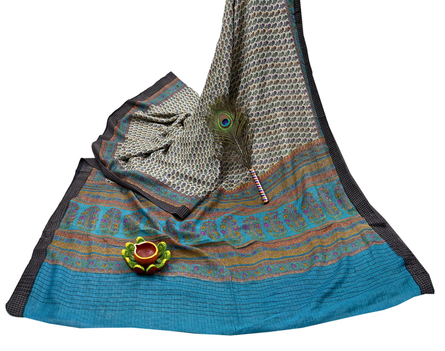 Indian Vintage Sari Blue & Beige Pure Woolen Woven Printed Sarees Soft Warm Craft Fabric 5Yd Floral Dress making Crafting For Winter Soft