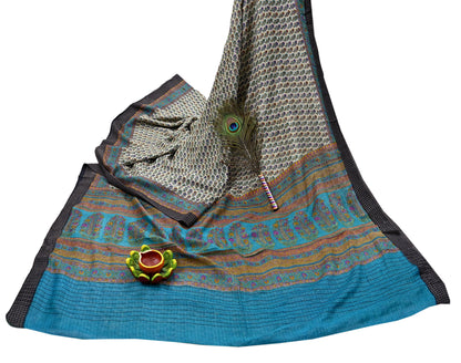 Indian Vintage Sari Blue & Beige Pure Woolen Woven Printed Sarees Soft Warm Craft Fabric 5Yd Floral Dress making Crafting For Winter Soft