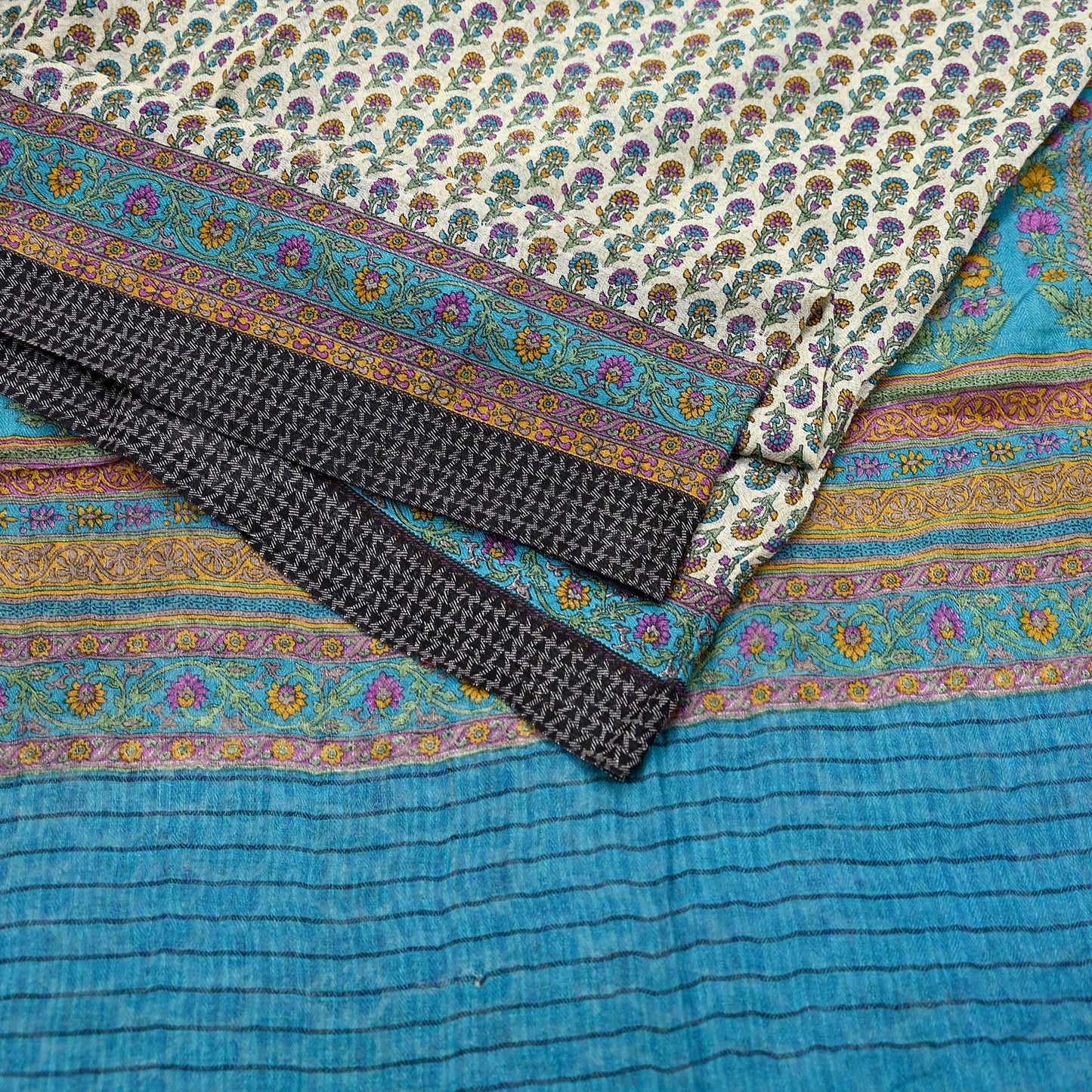 Indian Vintage Sari Blue & Beige Pure Woolen Woven Printed Sarees Soft Warm Craft Fabric 5Yd Floral Dress making Crafting For Winter Soft