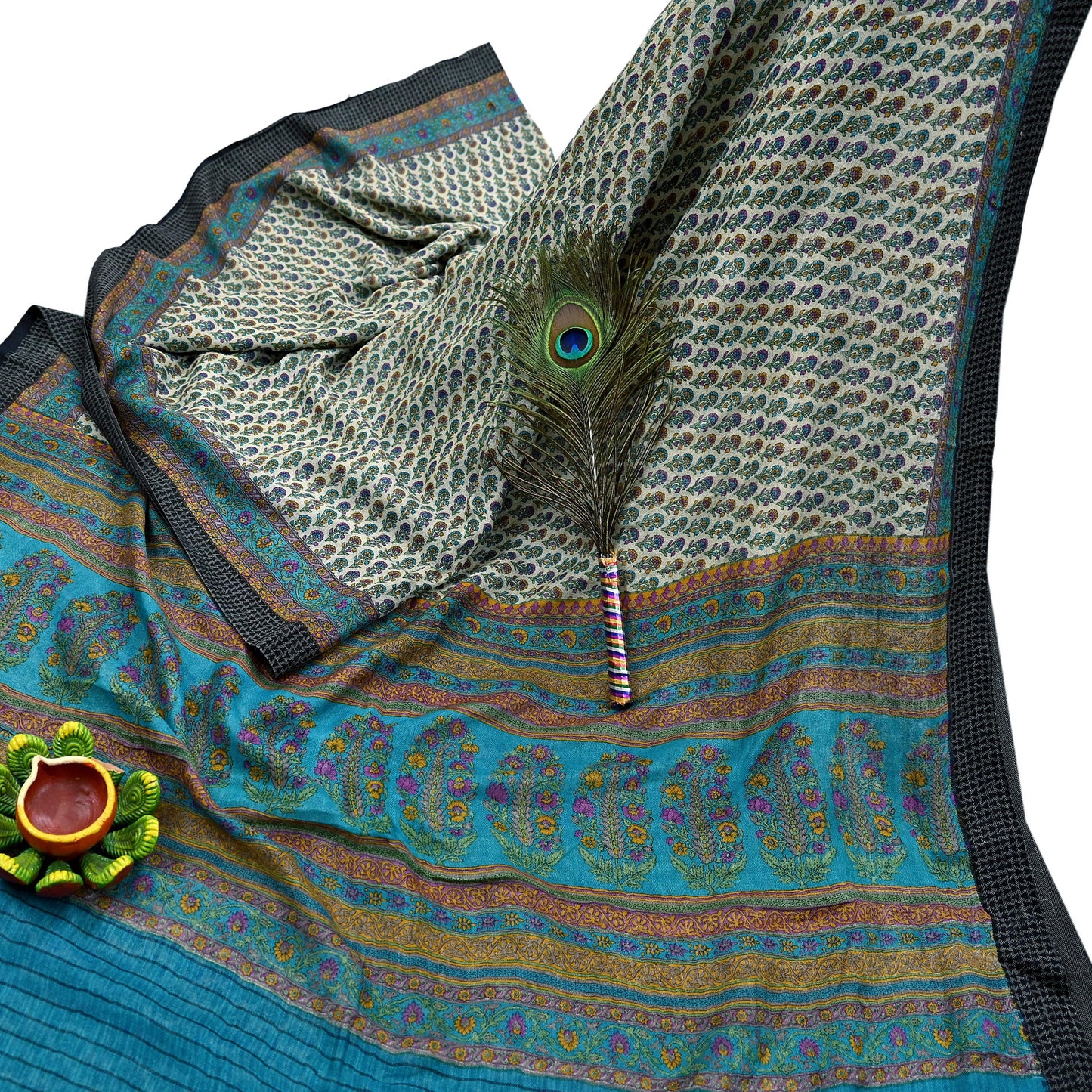 Indian Vintage Sari Blue & Beige Pure Woolen Woven Printed Sarees Soft Warm Craft Fabric 5Yd Floral Dress making Crafting For Winter Soft