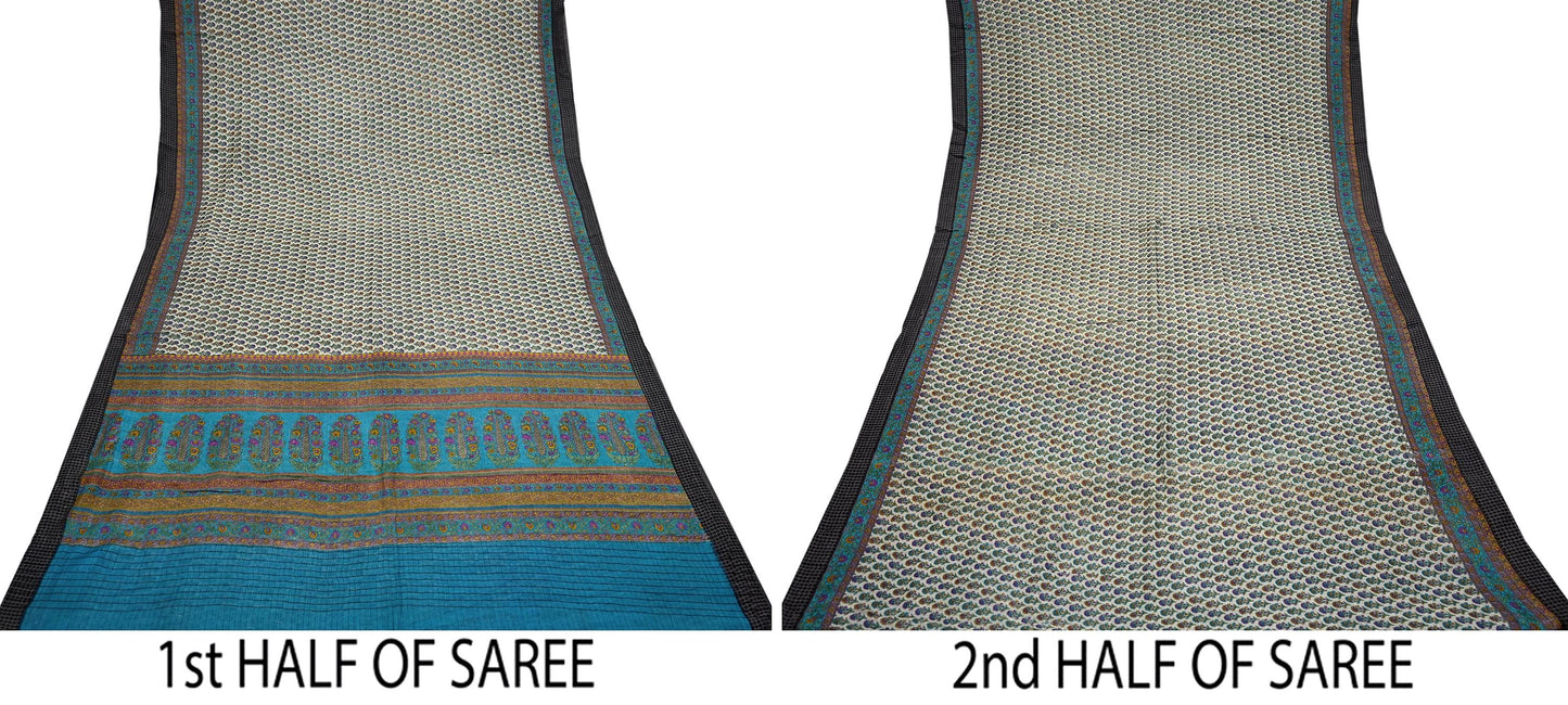 Indian Vintage Sari Blue & Beige Pure Woolen Woven Printed Sarees Soft Warm Craft Fabric 5Yd Floral Dress making Crafting For Winter Soft