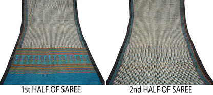 Indian Vintage Sari Blue & Beige Pure Woolen Woven Printed Sarees Soft Warm Craft Fabric 5Yd Floral Dress making Crafting For Winter Soft