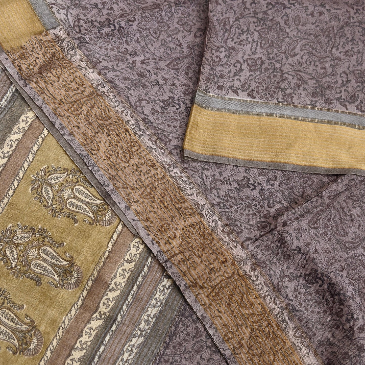 Indian Vintage Sari Purple & Gray Pure Woolen Woven Printed Sarees Soft Warm Craft Fabric 5Yd Floral Dress making Crafting For Winter Soft