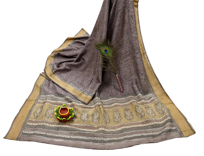 Indian Vintage Sari Purple & Gray Pure Woolen Woven Printed Sarees Soft Warm Craft Fabric 5Yd Floral Dress making Crafting For Winter Soft