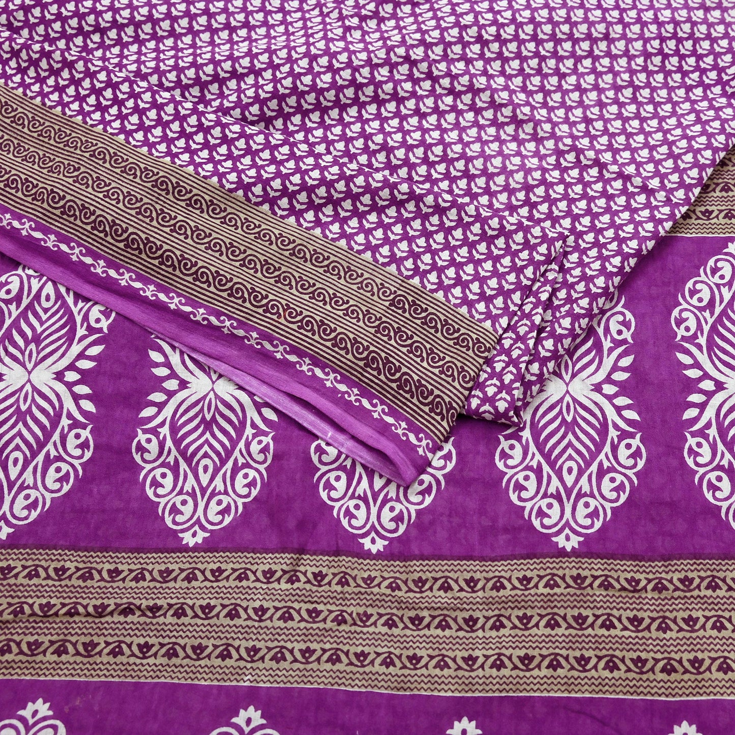 Indian Vintage Sari Purple Pure Cotton Printed Sarees Craft Fabric Soft 5Yd Sarong Wrap Boho Fabric Kimono Quilting Crafting Upcycle