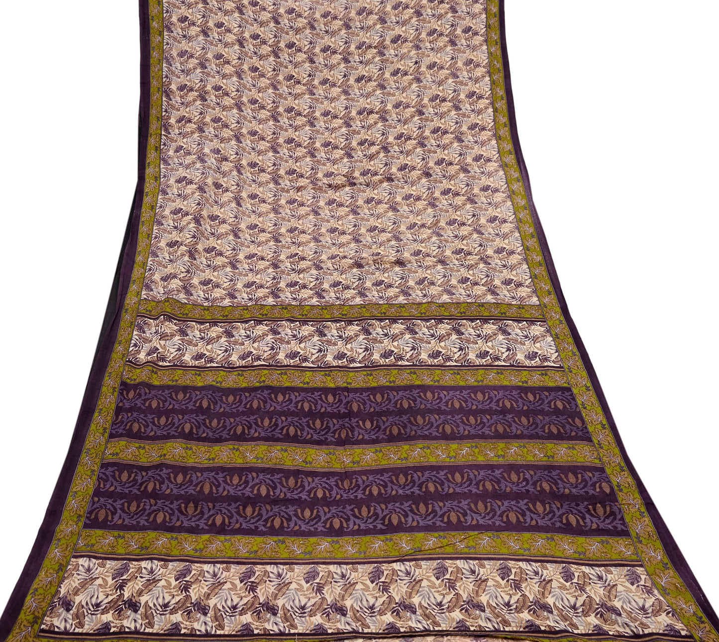 Indian Vintage Sari Beige & Purple Pure Cotton Printed Sarees Craft Fabric Soft 5Yd Sarong Wrap Boho Fabric Kimono Quilting Crafting Upcycle