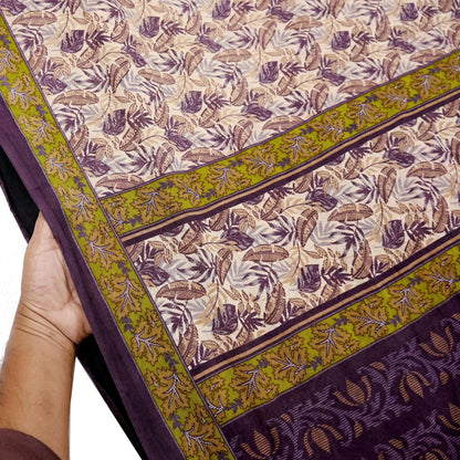 Indian Vintage Sari Beige & Purple Pure Cotton Printed Sarees Craft Fabric Soft 5Yd Sarong Wrap Boho Fabric Kimono Quilting Crafting Upcycle