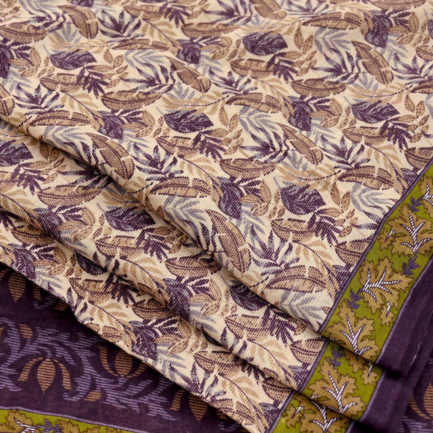 Indian Vintage Sari Beige & Purple Pure Cotton Printed Sarees Craft Fabric Soft 5Yd Sarong Wrap Boho Fabric Kimono Quilting Crafting Upcycle
