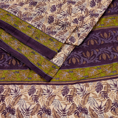 Indian Vintage Sari Beige & Purple Pure Cotton Printed Sarees Craft Fabric Soft 5Yd Sarong Wrap Boho Fabric Kimono Quilting Crafting Upcycle