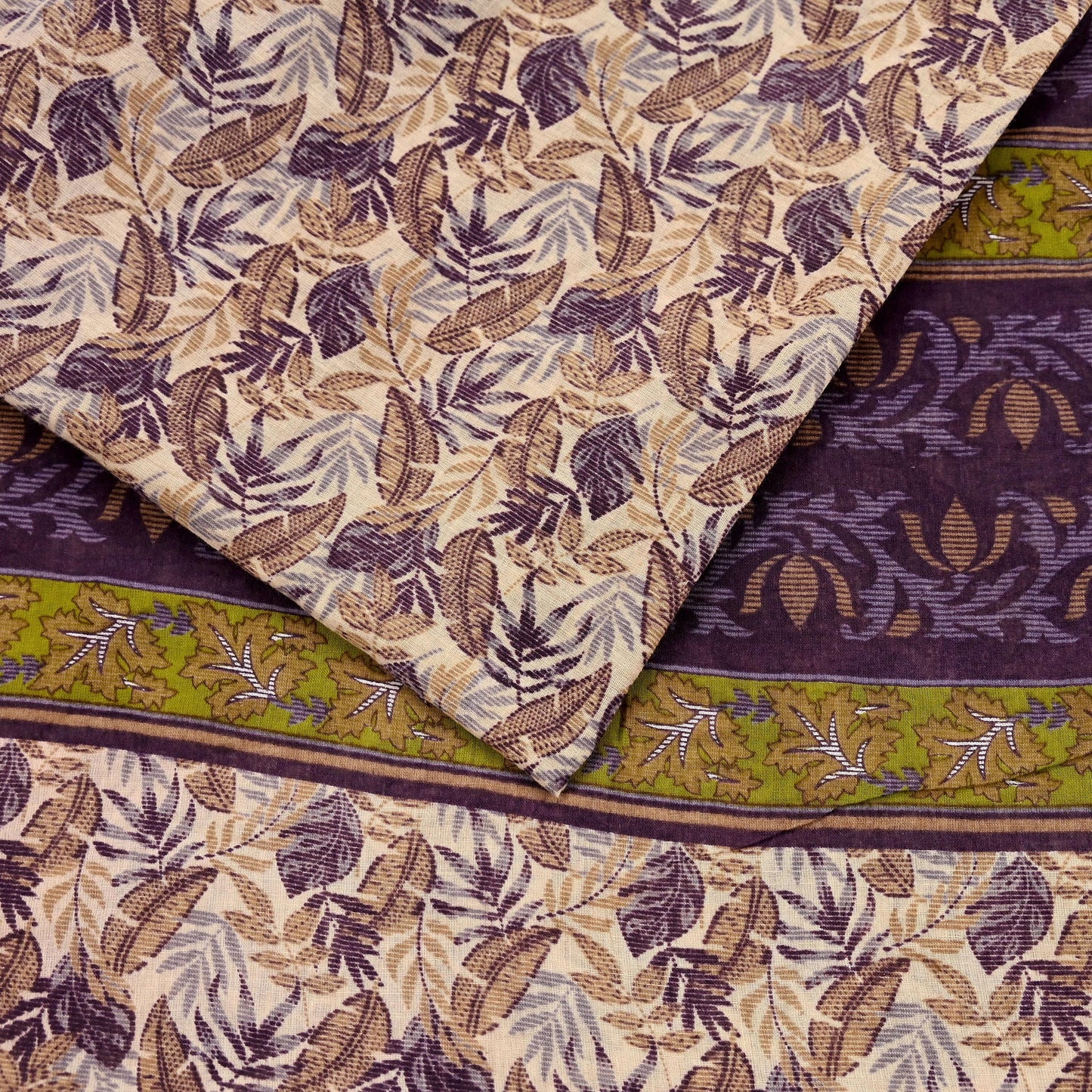 Indian Vintage Sari Beige & Purple Pure Cotton Printed Sarees Craft Fabric Soft 5Yd Sarong Wrap Boho Fabric Kimono Quilting Crafting Upcycle