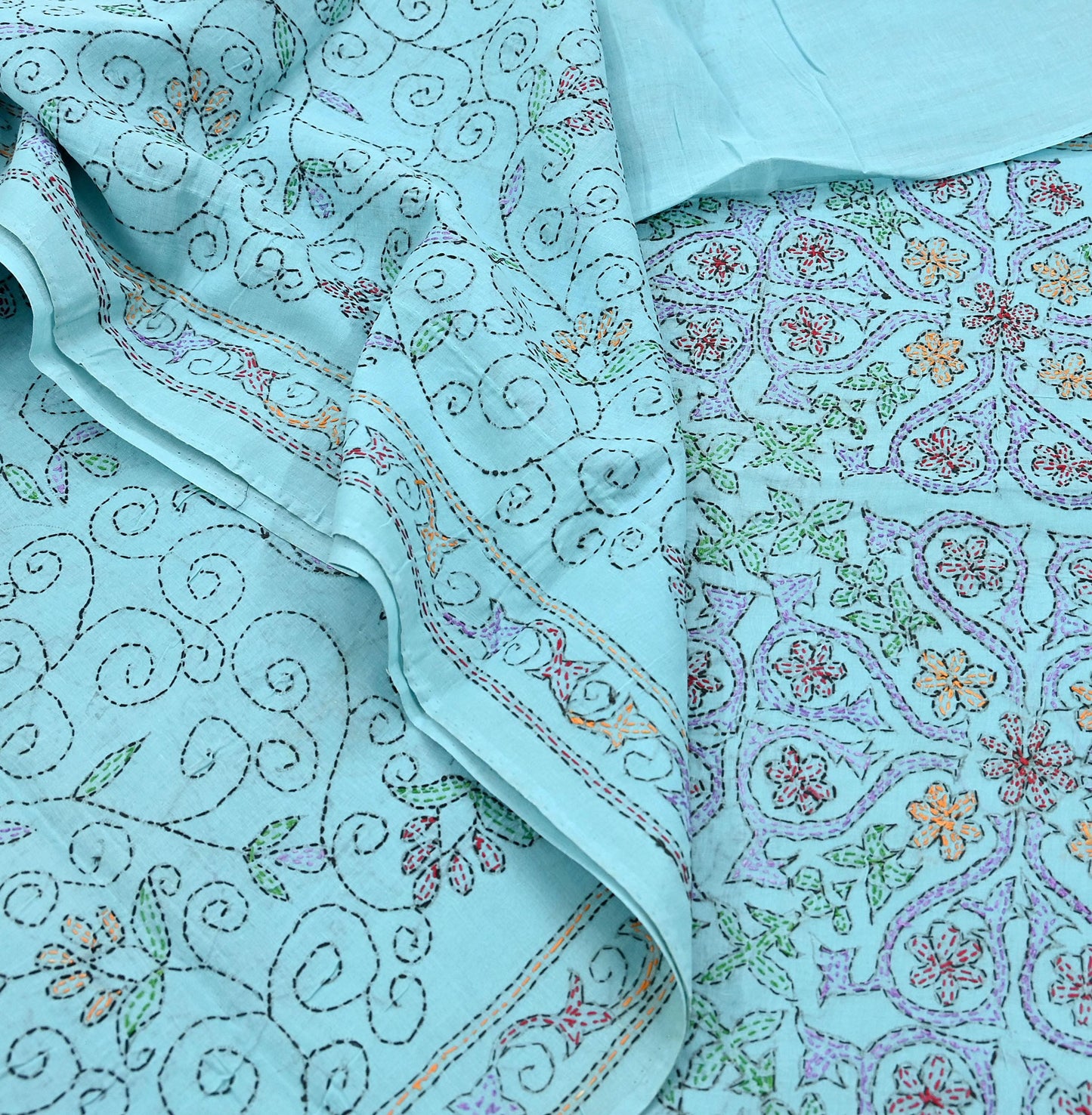 Indian Vintage Blue Saree Cotton Hand Embroidered Kantha Sari Craft Fabric 5yard Sewing Floral Soft Dressmaking Crafting Quilting upcycle