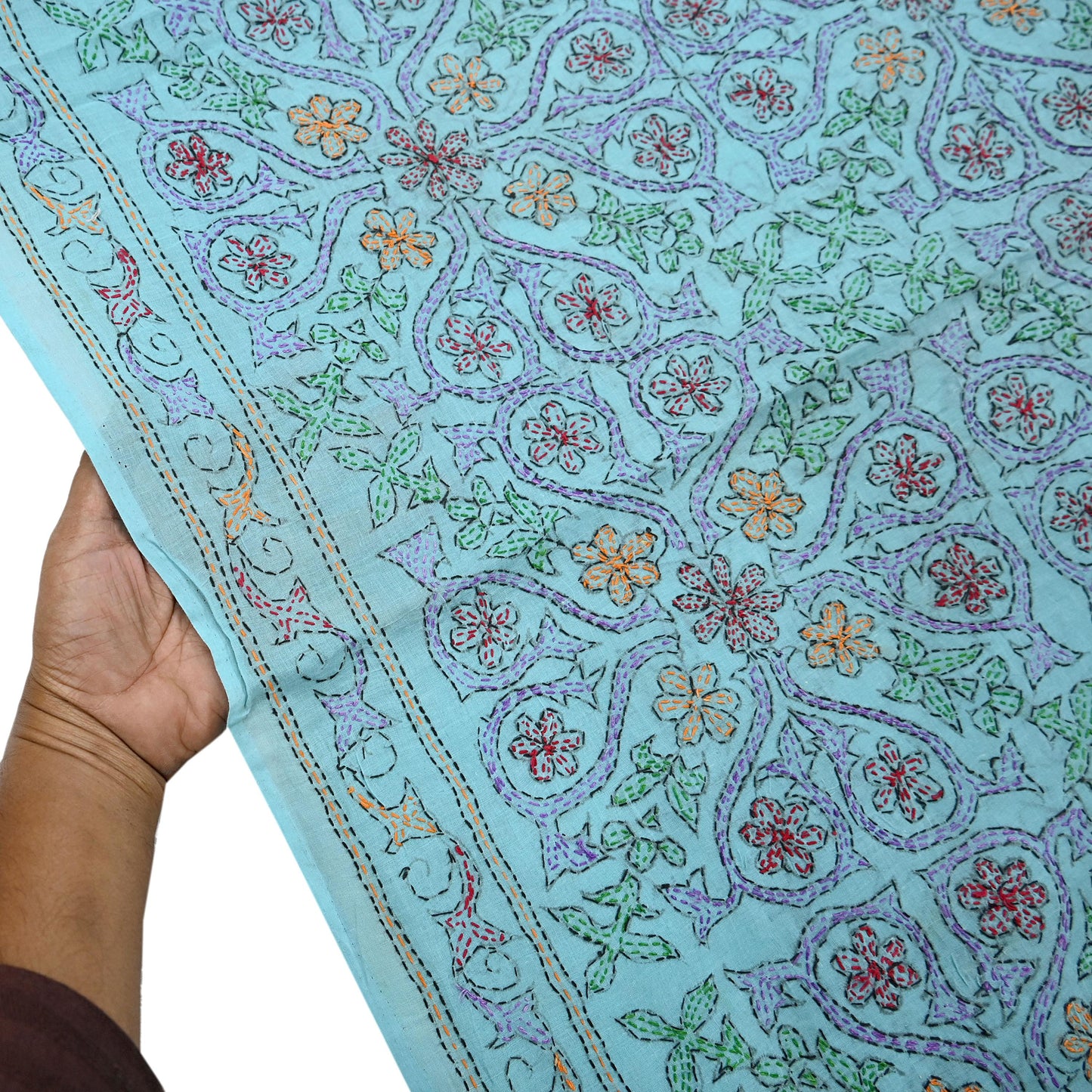 Indian Vintage Blue Saree Cotton Hand Embroidered Kantha Sari Craft Fabric 5yard Sewing Floral Soft Dressmaking Crafting Quilting upcycle