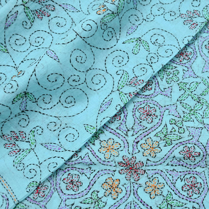 Indian Vintage Blue Saree Cotton Hand Embroidered Kantha Sari Craft Fabric 5yard Sewing Floral Soft Dressmaking Crafting Quilting upcycle