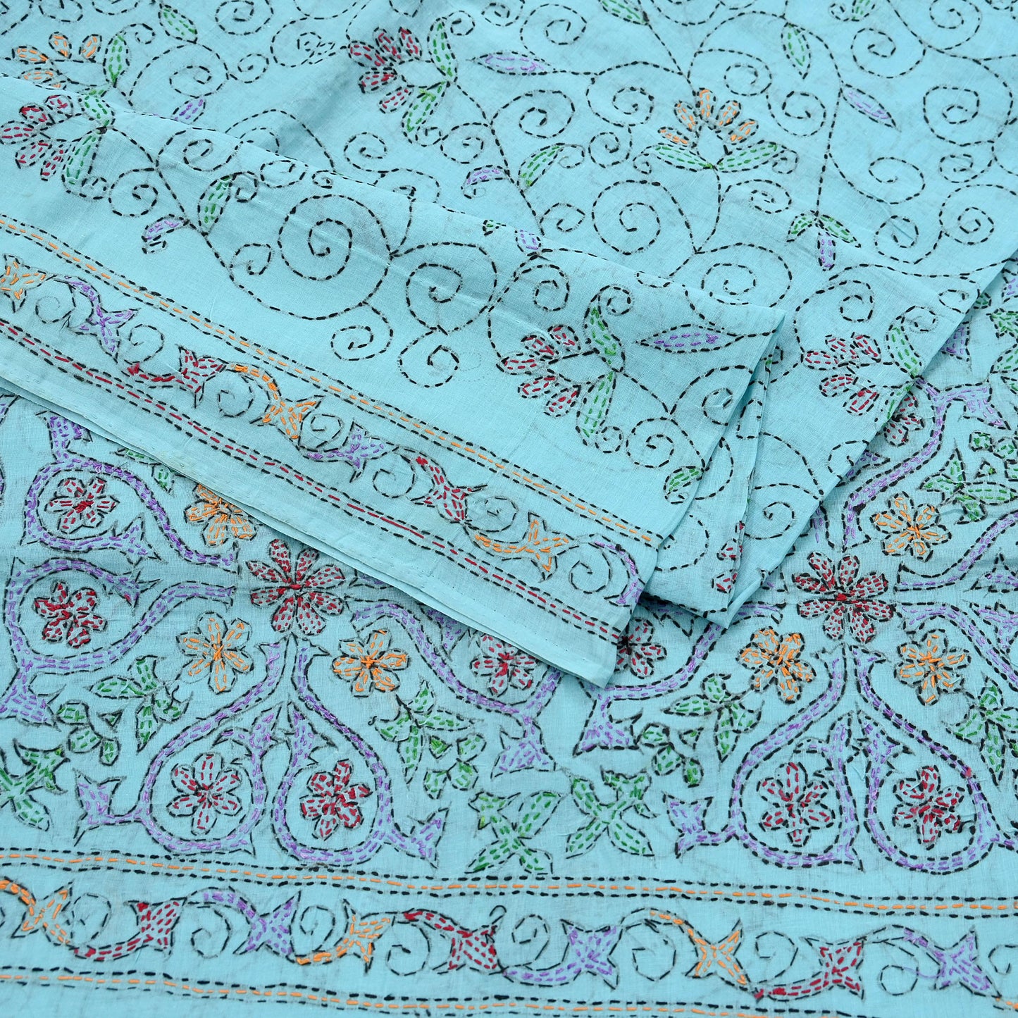 Indian Vintage Blue Saree Cotton Hand Embroidered Kantha Sari Craft Fabric 5yard Sewing Floral Soft Dressmaking Crafting Quilting upcycle