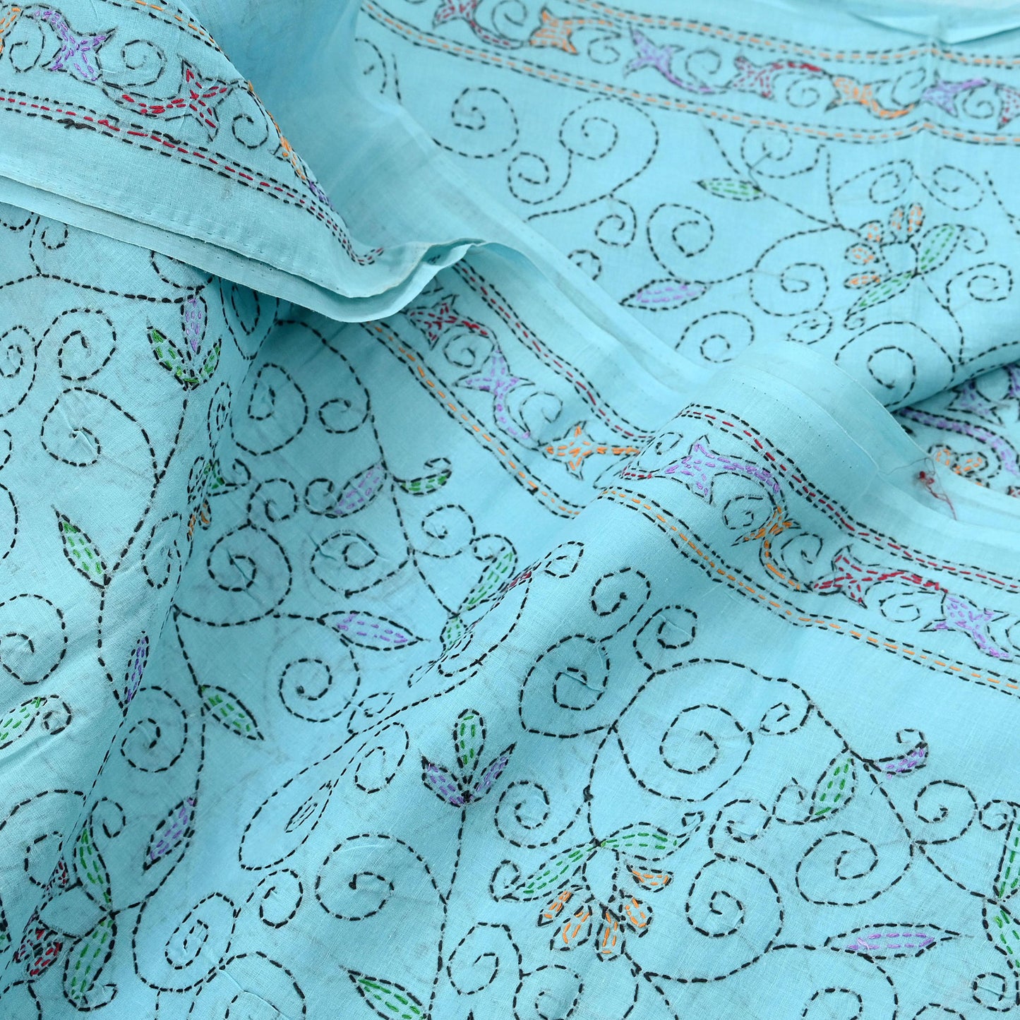 Indian Vintage Blue Saree Cotton Hand Embroidered Kantha Sari Craft Fabric 5yard Sewing Floral Soft Dressmaking Crafting Quilting upcycle