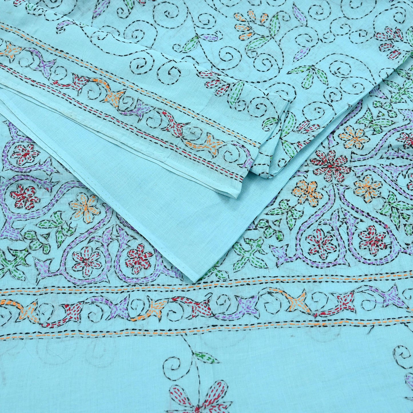 Indian Vintage Blue Saree Cotton Hand Embroidered Kantha Sari Craft Fabric 5yard Sewing Floral Soft Dressmaking Crafting Quilting upcycle