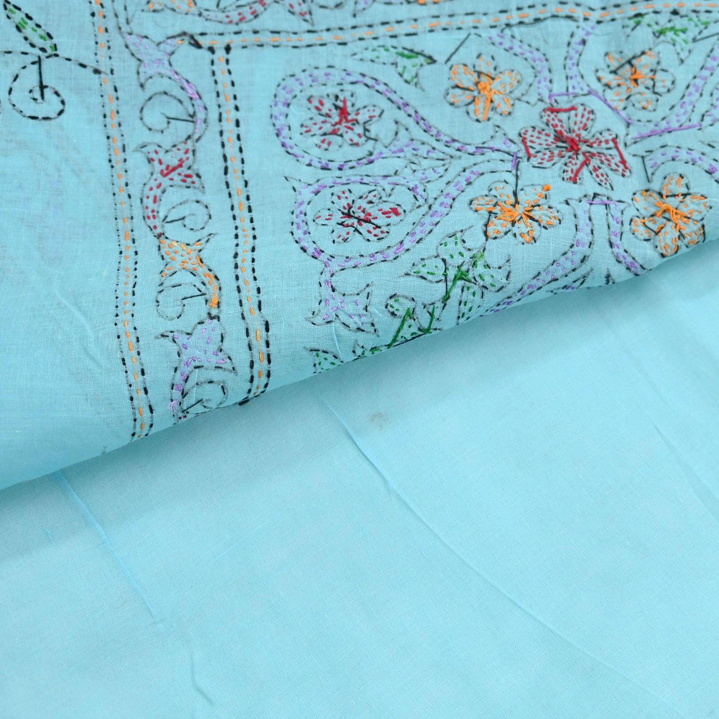 Indian Vintage Blue Saree Cotton Hand Embroidered Kantha Sari Craft Fabric 5yard Sewing Floral Soft Dressmaking Crafting Quilting upcycle