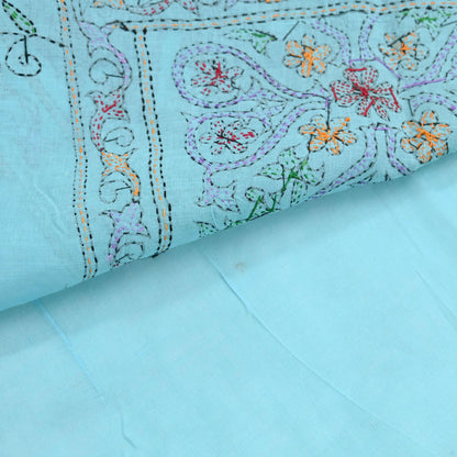 Indian Vintage Blue Saree Cotton Hand Embroidered Kantha Sari Craft Fabric 5yard Sewing Floral Soft Dressmaking Crafting Quilting upcycle