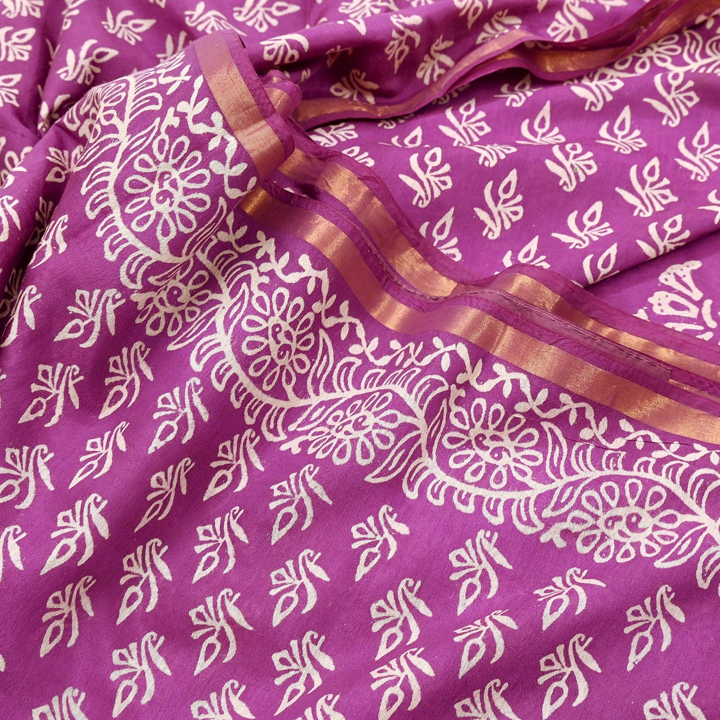 Indian Vintage Sari Purple Pure Chanderi Cotton Hand Block Printed Sarees 5Yd Craft Fabric Soft Sewing Sarong Dress Making Quilting Zari