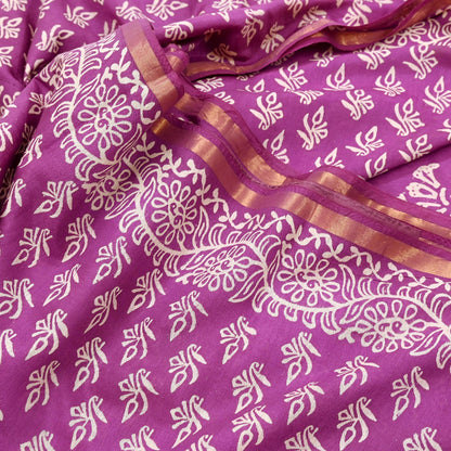 Indian Vintage Sari Purple Pure Chanderi Cotton Hand Block Printed Sarees 5Yd Craft Fabric Soft Sewing Sarong Dress Making Quilting Zari