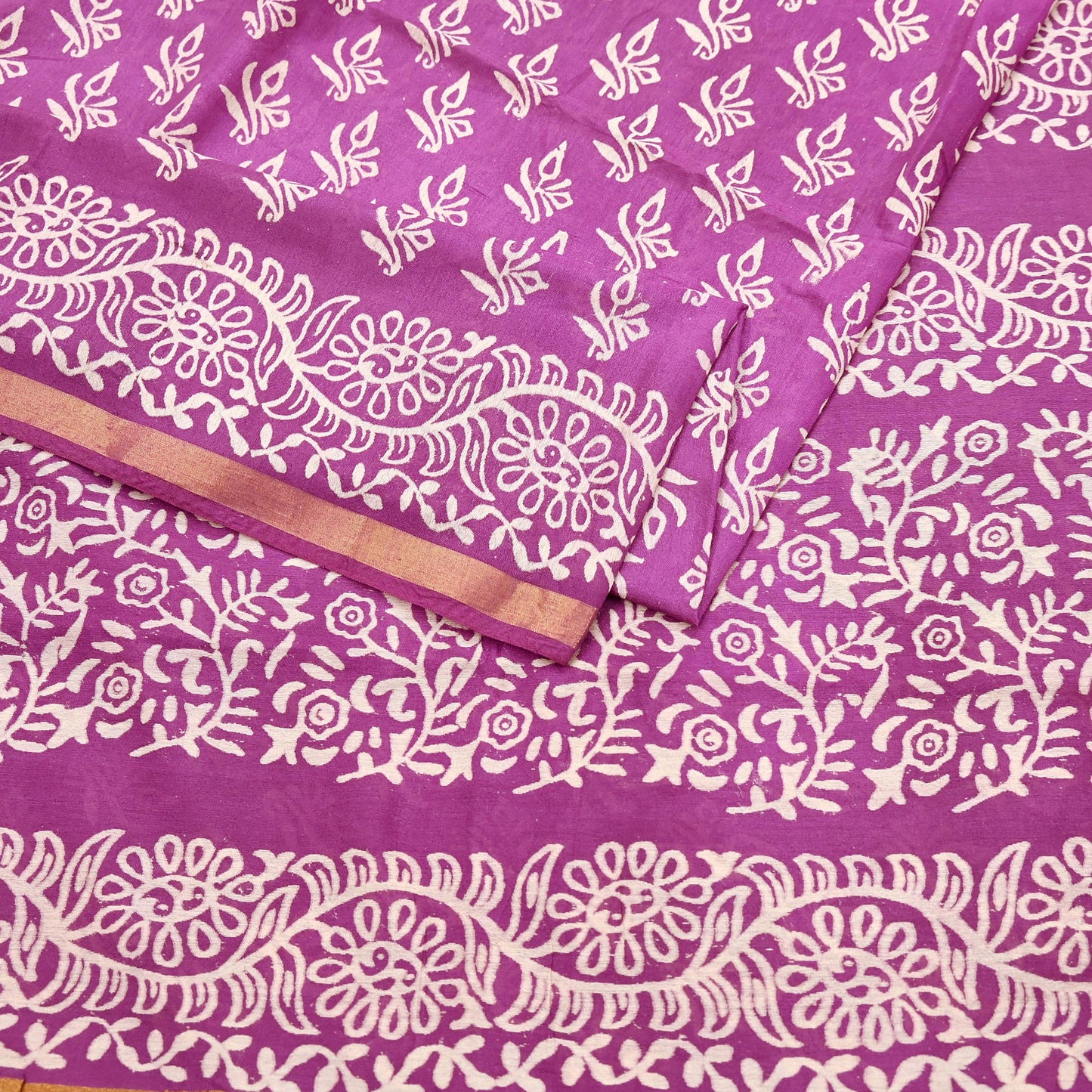 Indian Vintage Sari Purple Pure Chanderi Cotton Hand Block Printed Sarees 5Yd Craft Fabric Soft Sewing Sarong Dress Making Quilting Zari