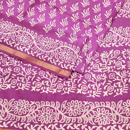 Indian Vintage Sari Purple Pure Chanderi Cotton Hand Block Printed Sarees 5Yd Craft Fabric Soft Sewing Sarong Dress Making Quilting Zari