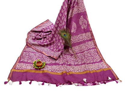 Indian Vintage Sari Purple Pure Chanderi Cotton Hand Block Printed Sarees 5Yd Craft Fabric Soft Sewing Sarong Dress Making Quilting Zari