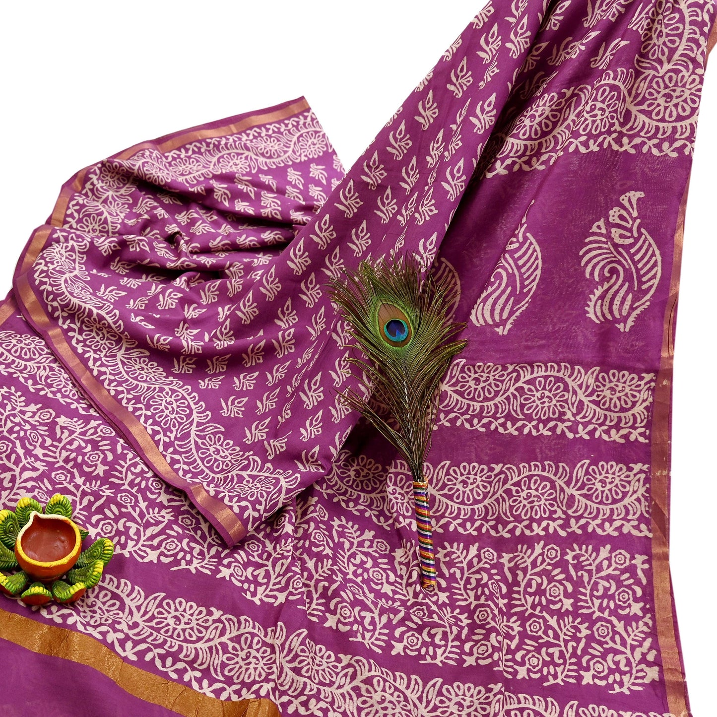 Indian Vintage Sari Purple Pure Chanderi Cotton Hand Block Printed Sarees 5Yd Craft Fabric Soft Sewing Sarong Dress Making Quilting Zari