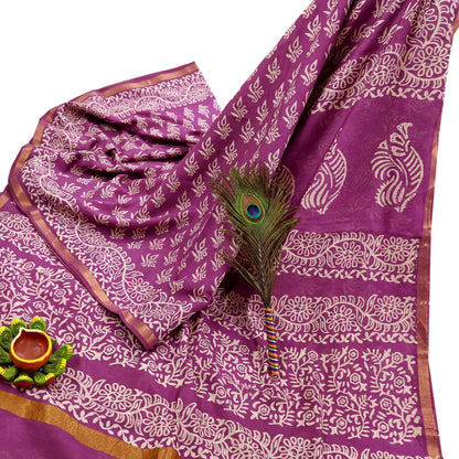 Indian Vintage Sari Purple Pure Chanderi Cotton Hand Block Printed Sarees 5Yd Craft Fabric Soft Sewing Sarong Dress Making Quilting Zari
