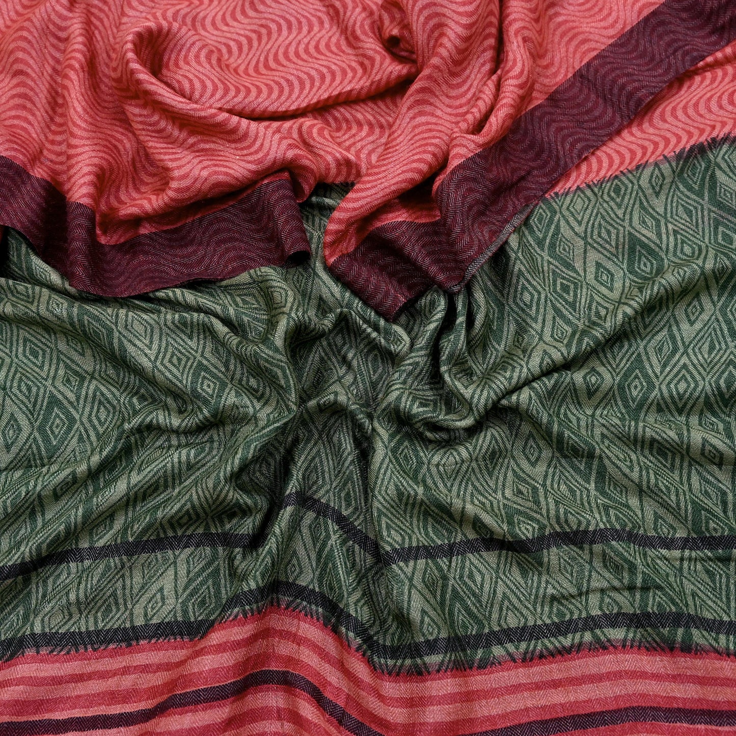 Vintage Green & Peach Long Stole Pure Woolen Scarf Printed Dupatta Infinity Scarves Sarong Wrap Veil Woman Hijab Shawl Craft Fabric Fringes