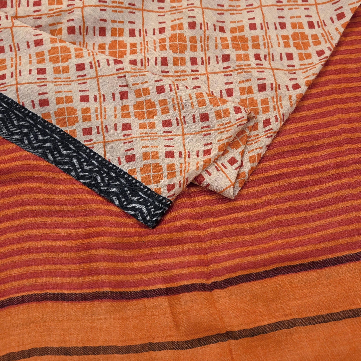 Indian Women Vintage Beige & Saffron Long Stole Pure Woolen Scarf Dupatta Scarves Printed Sarong Wrap Veil Hijab Shawl Soft