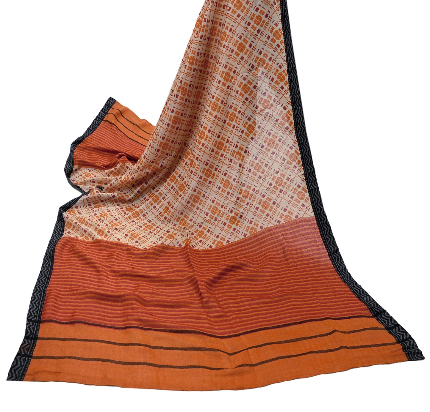 Indian Women Vintage Beige & Saffron Long Stole Pure Woolen Scarf Dupatta Scarves Printed Sarong Wrap Veil Hijab Shawl Soft