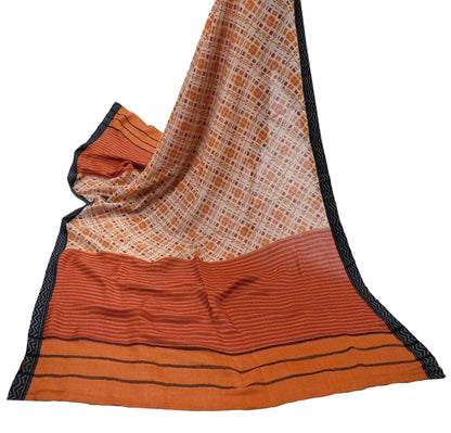 Indian Women Vintage Beige & Saffron Long Stole Pure Woolen Scarf Dupatta Scarves Printed Sarong Wrap Veil Hijab Shawl Soft