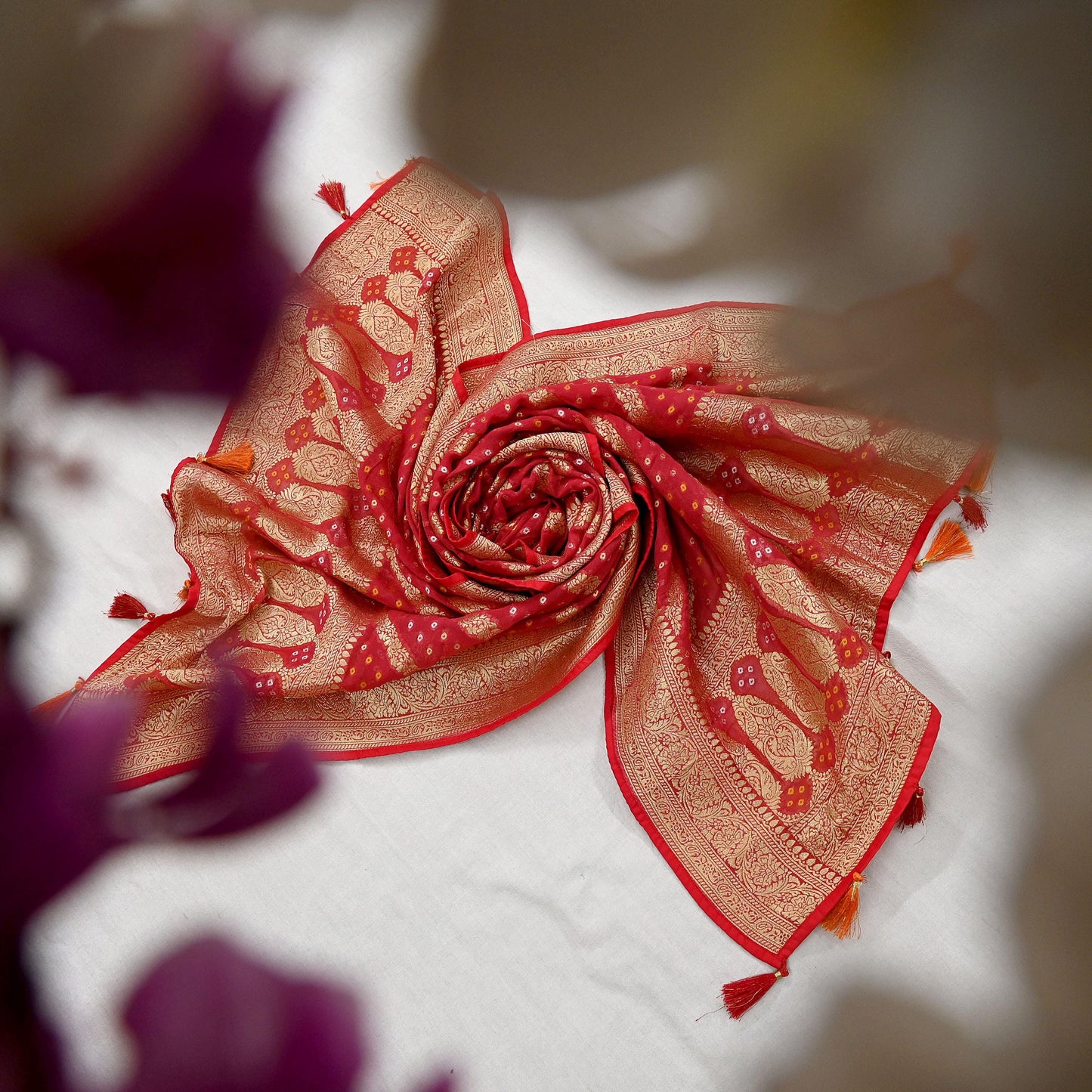 Women Indian Vintage Dupatta Red Long Stole Blend Georgette Woven Bandhani Veil Scarves soft Boho Wrap Bridal/ Wedding Hijab