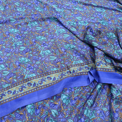 Indian Vintage Blue & Gray Artificial Silk Saree Printed Sari 5 Yards Soft Craft Fabric for Sewing, Dressmaking, Quilting,Upcycling