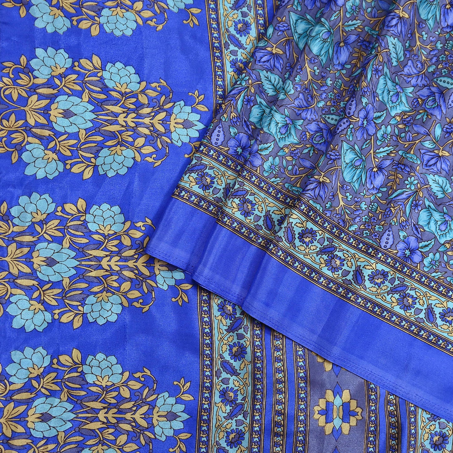 Indian Vintage Blue & Gray Artificial Silk Saree Printed Sari 5 Yards Soft Craft Fabric for Sewing, Dressmaking, Quilting,Upcycling