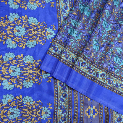 Indian Vintage Blue & Gray Artificial Silk Saree Printed Sari 5 Yards Soft Craft Fabric for Sewing, Dressmaking, Quilting,Upcycling