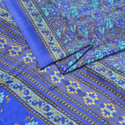 Indian Vintage Blue & Gray Artificial Silk Saree Printed Sari 5 Yards Soft Craft Fabric for Sewing, Dressmaking, Quilting,Upcycling