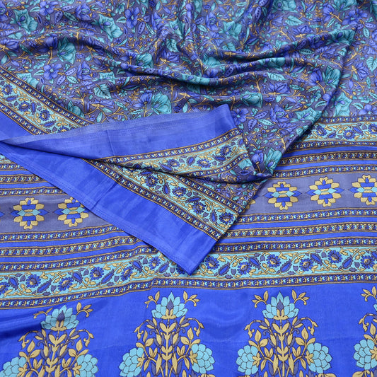 Indian Vintage Blue & Gray Artificial Silk Saree Printed Sari 5 Yards Soft Craft Fabric for Sewing, Dressmaking, Quilting,Upcycling