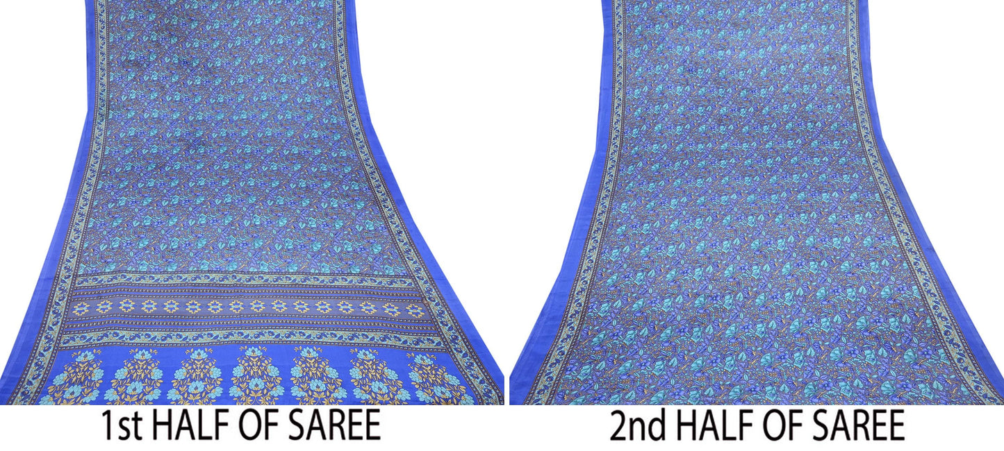 Indian Vintage Blue & Gray Artificial Silk Saree Printed Sari 5 Yards Soft Craft Fabric for Sewing, Dressmaking, Quilting,Upcycling