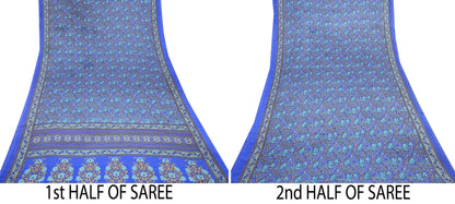 Indian Vintage Blue & Gray Artificial Silk Saree Printed Sari 5 Yards Soft Craft Fabric for Sewing, Dressmaking, Quilting,Upcycling