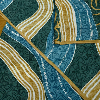 Indian Vintage Sari Blue & Green Pure Crepe Silk Printed Sarees 5yd Sewing Stripes Soft Craft Fabric Wrap Dress Making Quilting Crafting