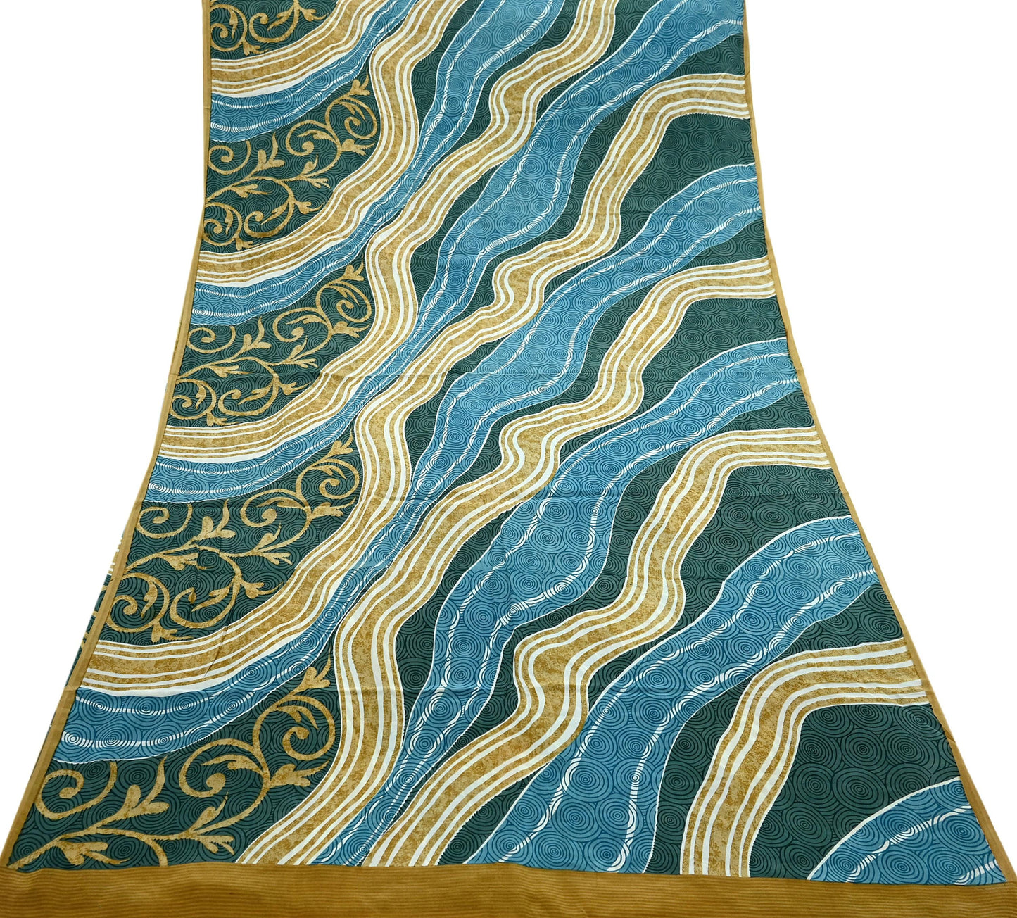 Indian Vintage Sari Blue & Green Pure Crepe Silk Printed Sarees 5yd Sewing Stripes Soft Craft Fabric Wrap Dress Making Quilting Crafting