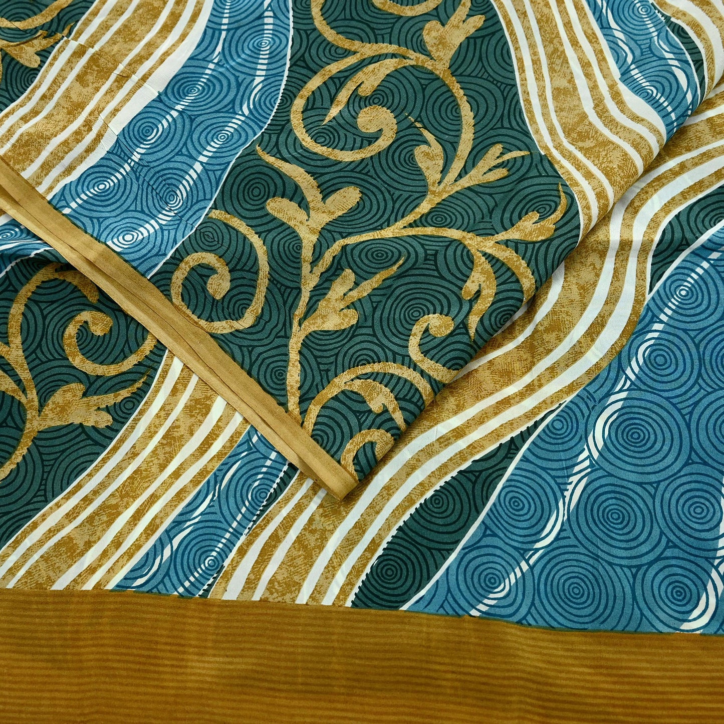 Indian Vintage Sari Blue & Green Pure Crepe Silk Printed Sarees 5yd Sewing Stripes Soft Craft Fabric Wrap Dress Making Quilting Crafting