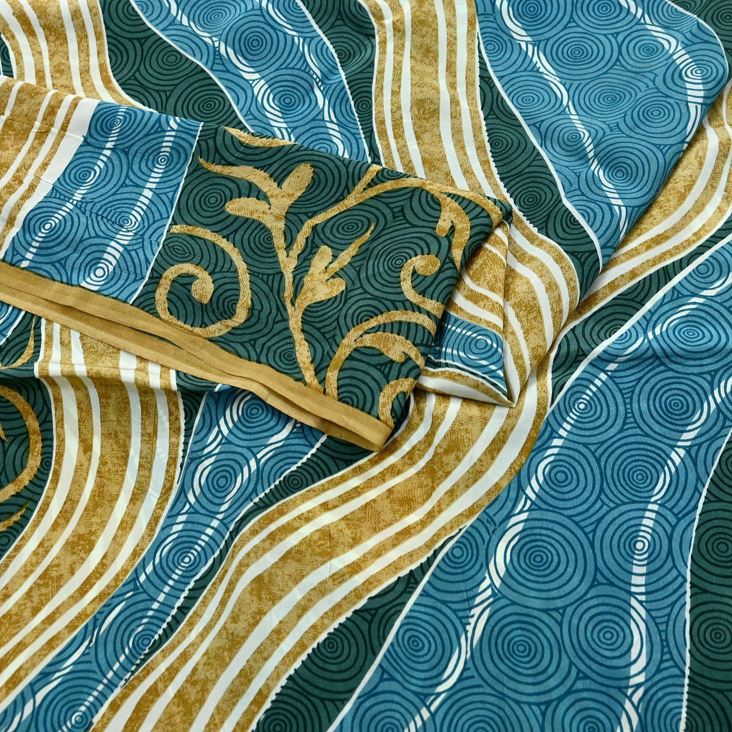 Indian Vintage Sari Blue & Green Pure Crepe Silk Printed Sarees 5yd Sewing Stripes Soft Craft Fabric Wrap Dress Making Quilting Crafting